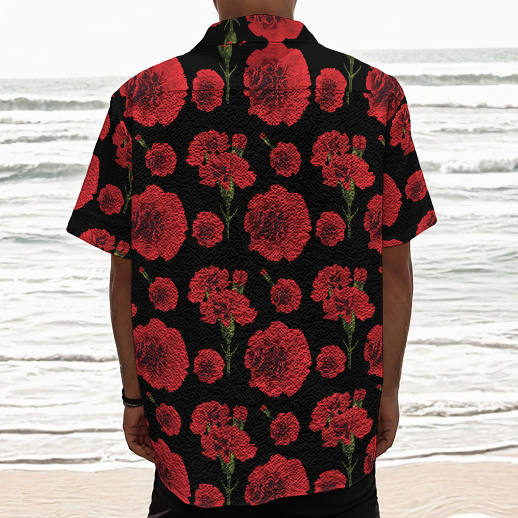 Red And Black Carnation Pattern Print Textured Short Sleeve Shirt