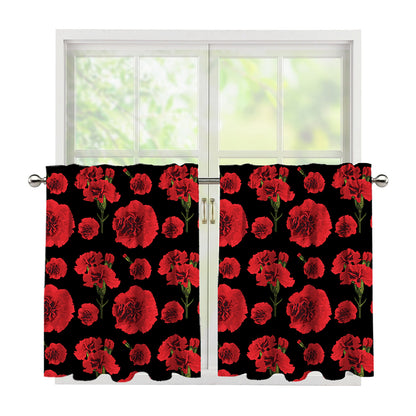 Red And Black Carnation Pattern Print Tier Curtains