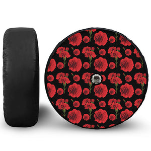 Red And Black Carnation Pattern Print Tire Cover With Camera Hole