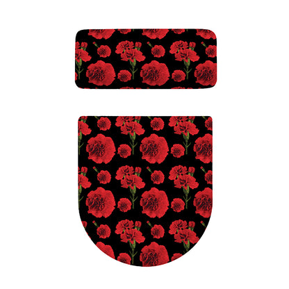 Red And Black Carnation Pattern Print Toilet Lid And Tank Cover Set
