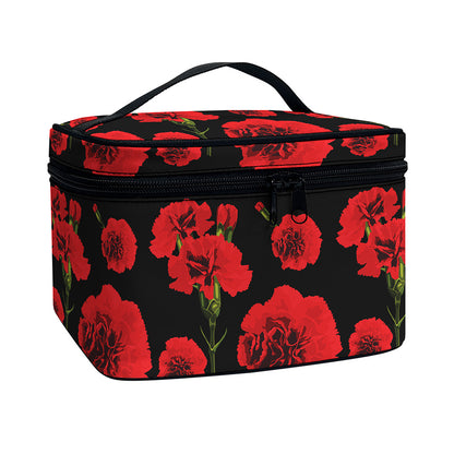 Red And Black Carnation Pattern Print Travel Makeup Bag