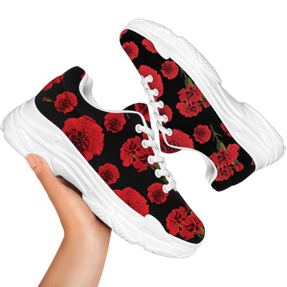 Red And Black Carnation Pattern Print White Chunky Shoes