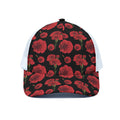 Red And Black Carnation Pattern Print White Mesh Trucker Hat