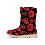 Red And Black Carnation Pattern Print Winter Boots