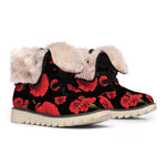 Red And Black Carnation Pattern Print Winter Boots