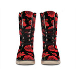 Red And Black Carnation Pattern Print Winter Boots