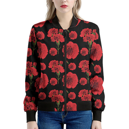 Red And Black Carnation Pattern Print Women's Bomber Jacket