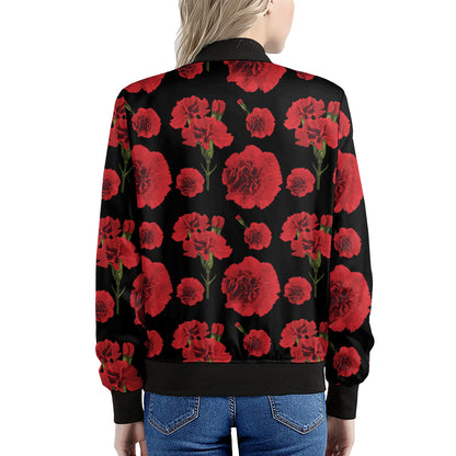 Red And Black Carnation Pattern Print Women's Bomber Jacket