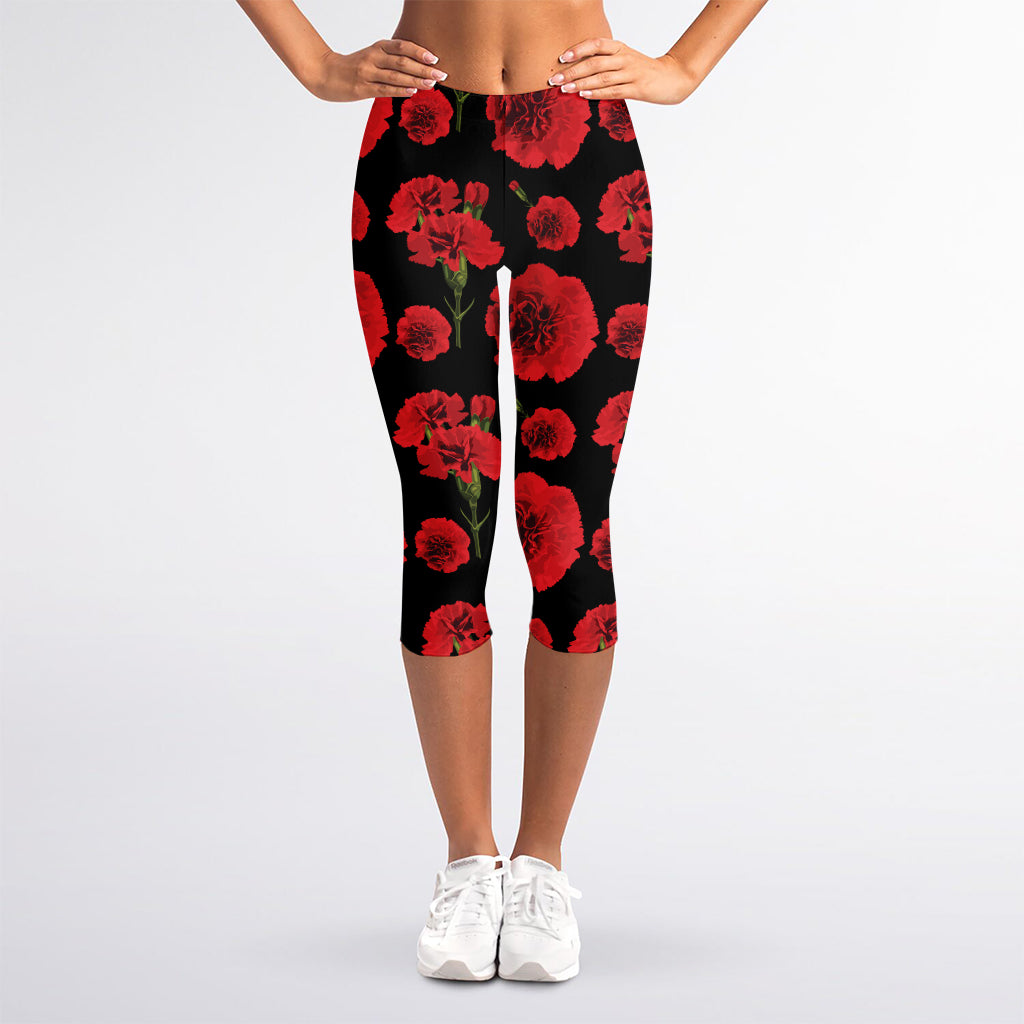 Red And Black Carnation Pattern Print Women's Capri Leggings