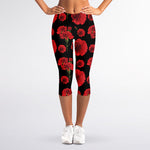 Red And Black Carnation Pattern Print Women's Capri Leggings