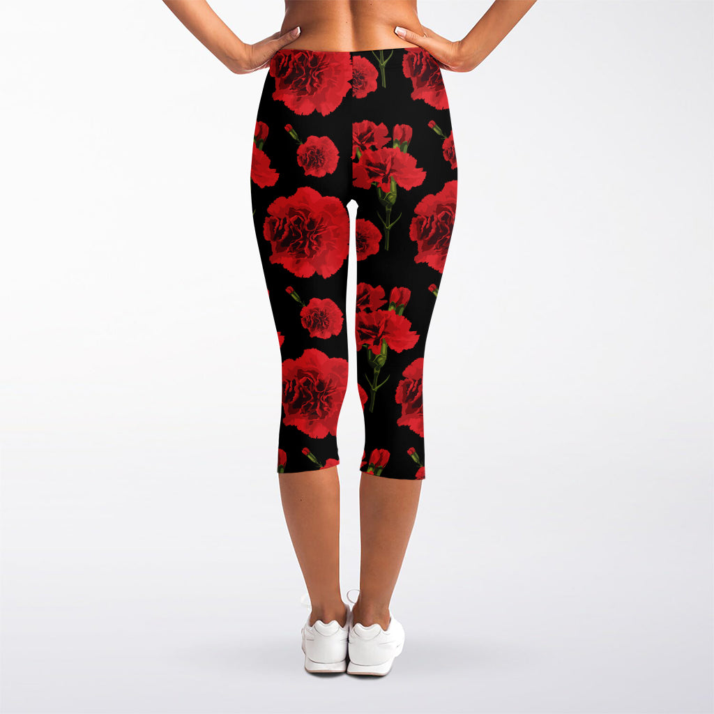 Red And Black Carnation Pattern Print Women's Capri Leggings
