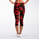Red And Black Carnation Pattern Print Women's Capri Leggings