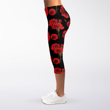 Red And Black Carnation Pattern Print Women's Capri Leggings