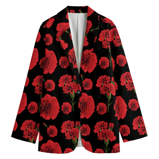 Red And Black Carnation Pattern Print Women's Cotton Blazer