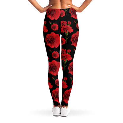 Red And Black Carnation Pattern Print Women's Leggings