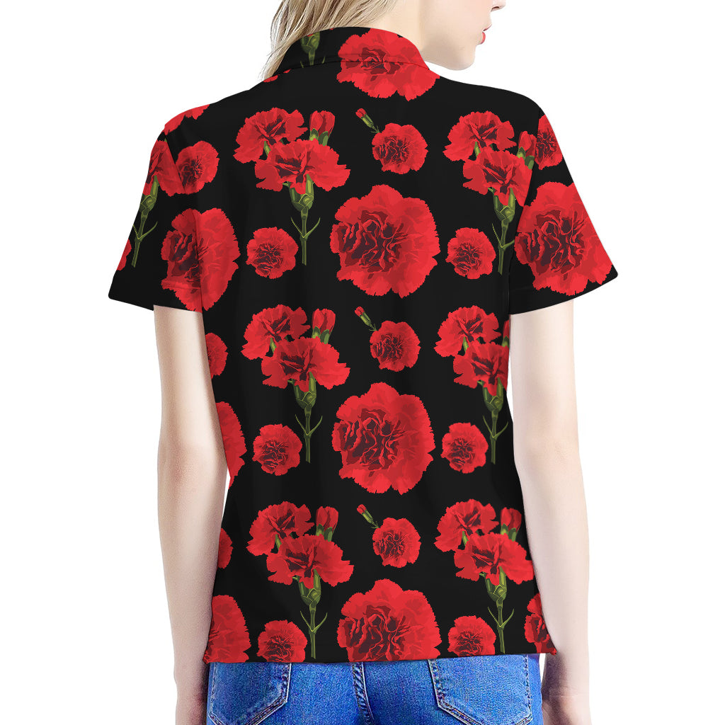 Red And Black Carnation Pattern Print Women's Polo Shirt