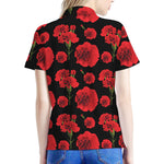 Red And Black Carnation Pattern Print Women's Polo Shirt