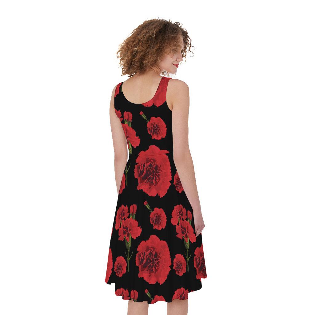 Red And Black Carnation Pattern Print Women's Sleeveless Dress