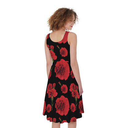 Red And Black Carnation Pattern Print Women's Sleeveless Dress