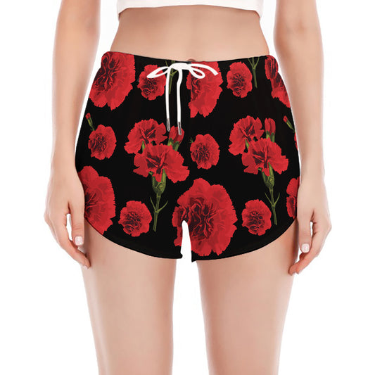 Red And Black Carnation Pattern Print Women's Split Running Shorts