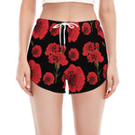 Red And Black Carnation Pattern Print Women's Split Running Shorts