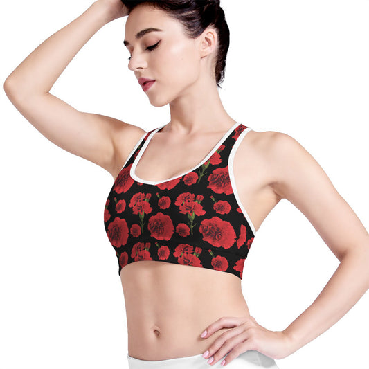Red And Black Carnation Pattern Print Women's Sports Bra
