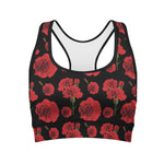 Red And Black Carnation Pattern Print Women's Sports Bra