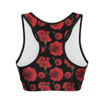 Red And Black Carnation Pattern Print Women's Sports Bra