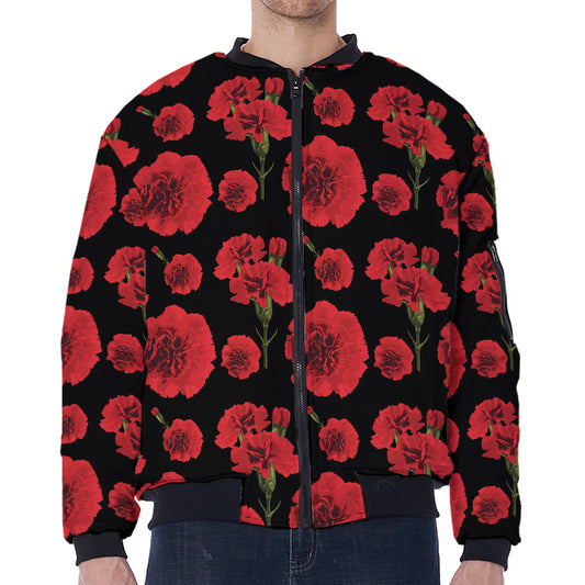 Red And Black Carnation Pattern Print Zip Sleeve Bomber Jacket