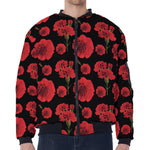 Red And Black Carnation Pattern Print Zip Sleeve Bomber Jacket