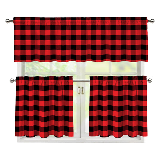 Red And Black Check Pattern Print 3 Piece Kitchen Curtains