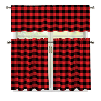 Red And Black Check Pattern Print 3 Piece Kitchen Curtains