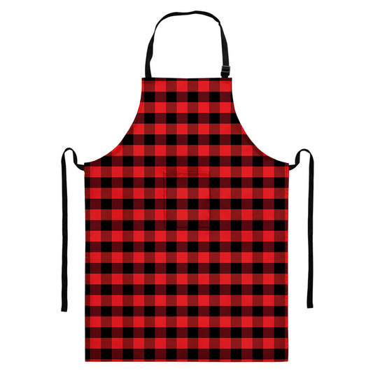 Red And Black Check Pattern Print Bib Apron With Pocket