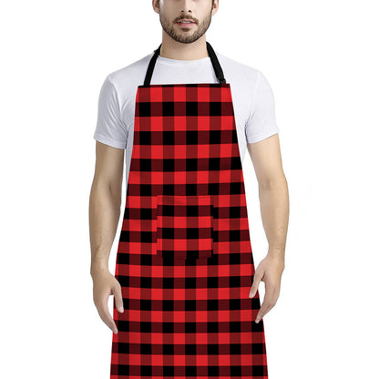 Red And Black Check Pattern Print Bib Apron With Pocket