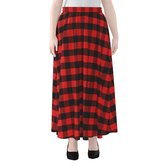 Red And Black Check Pattern Print Chiffon Maxi Skirt
