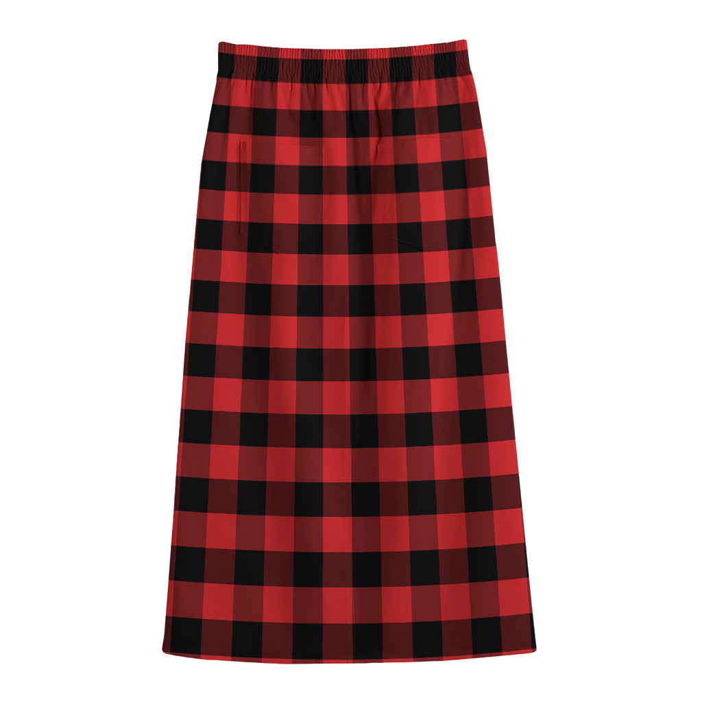 Red And Black Check Pattern Print Cotton Front Slit Maxi Skirt
