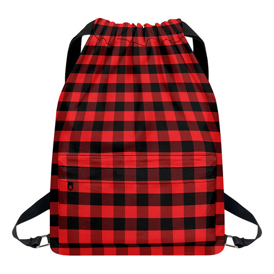 Red And Black Check Pattern Print Drawstring Backpack
