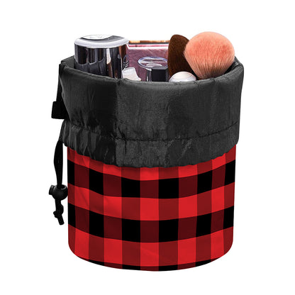Red And Black Check Pattern Print Drawstring Makeup Bag
