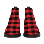 Red And Black Check Pattern Print Flat Ankle Boots