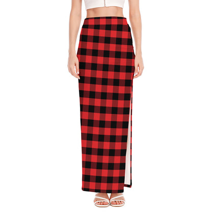 Red And Black Check Pattern Print High Slit Maxi Skirt