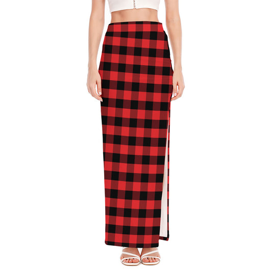 Red And Black Check Pattern Print High Slit Maxi Skirt