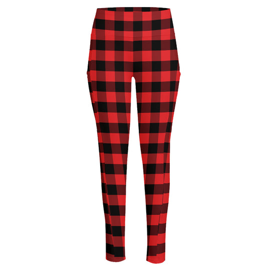 Red And Black Check Pattern Print High-Waisted Pocket Leggings