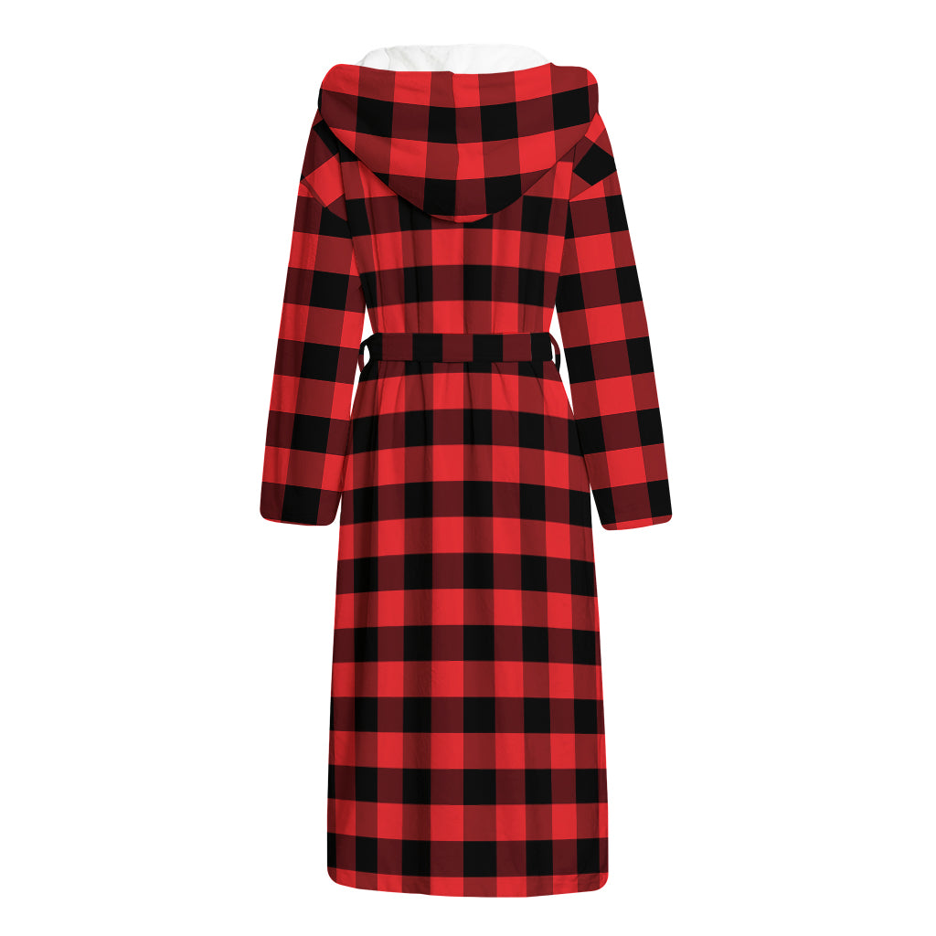 Red And Black Check Pattern Print Hooded Bathrobe