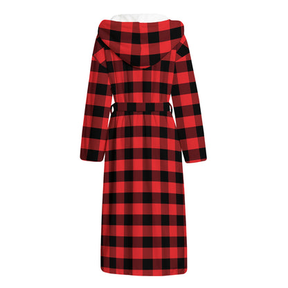 Red And Black Check Pattern Print Hooded Bathrobe