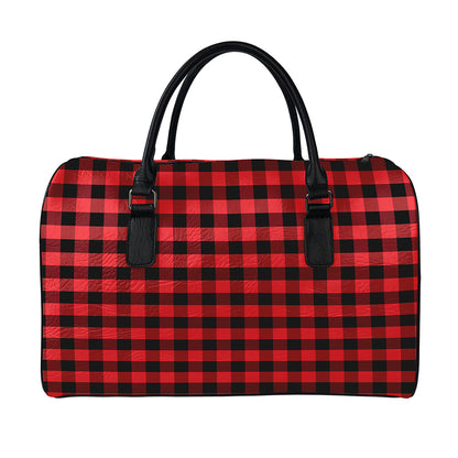 Red And Black Check Pattern Print Leather Duffle Bag
