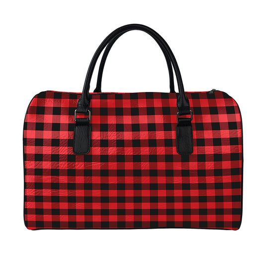 Red And Black Check Pattern Print Leather Duffle Bag