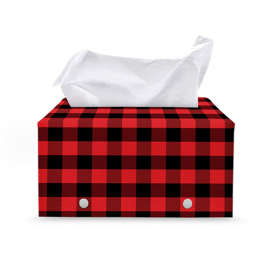 Red And Black Check Pattern Print Leather Tissue Box Cover