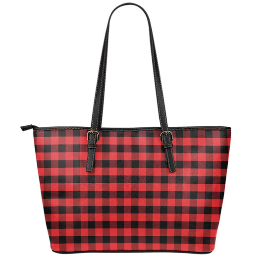 Red And Black Check Pattern Print Leather Tote Bag