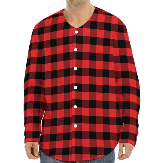 Red And Black Check Pattern Print Long Sleeve Baseball Jersey