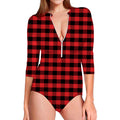 Red And Black Check Pattern Print Long Sleeve Swimsuit
